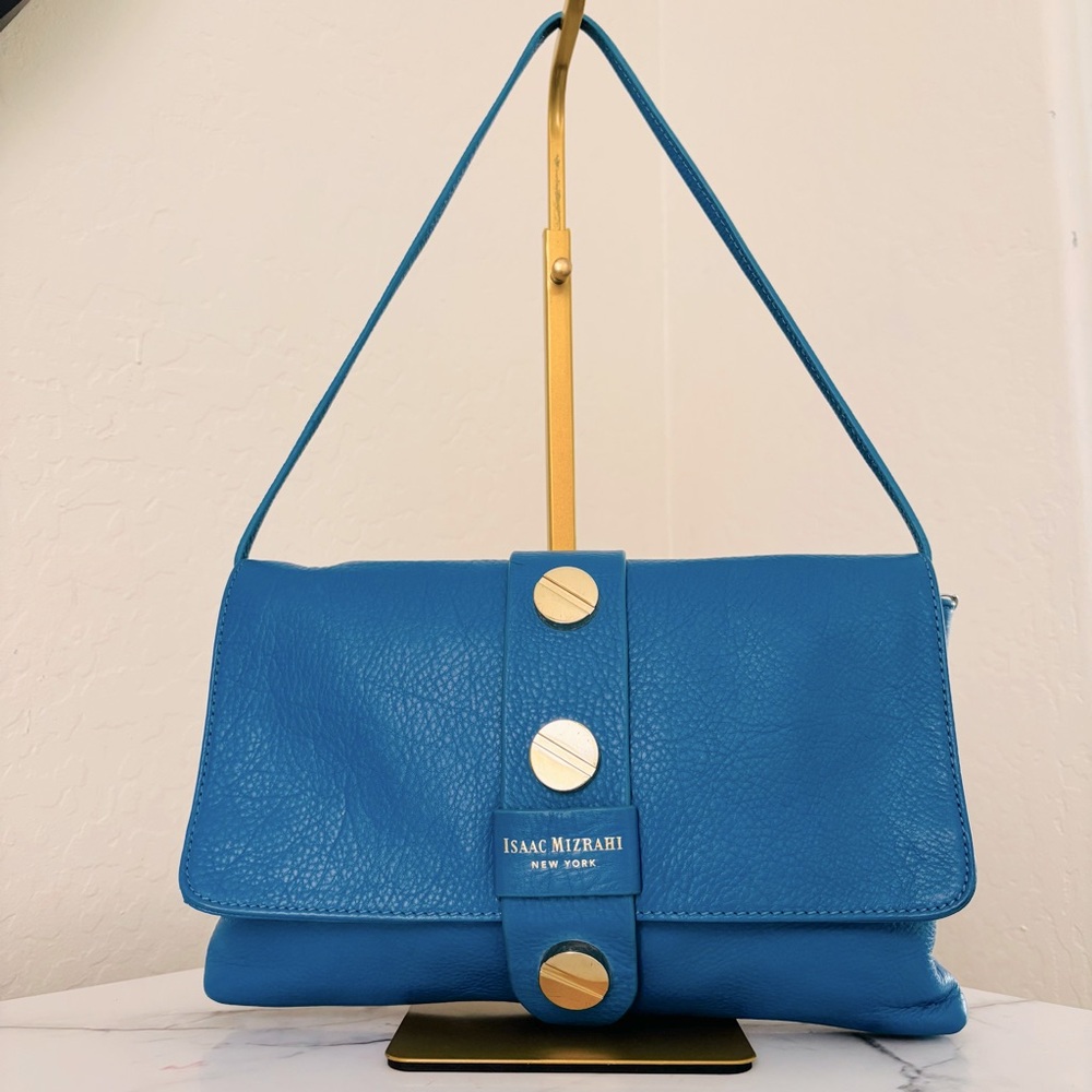 Isaac Mizrahi Blue Pebbled Leather Olivia Clutch / Shoulder Bag Gold Accents‎